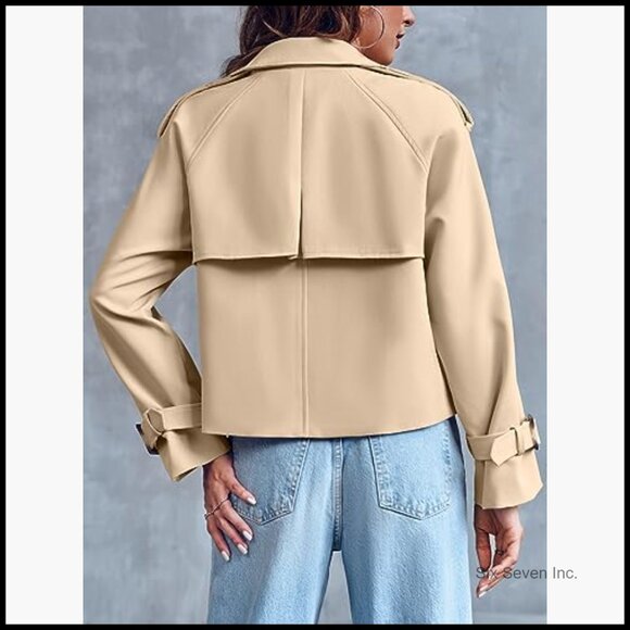 Women's Crop Double Breasted Trench Coat Raglan Sleeve Jacket - Picture 5 of 7